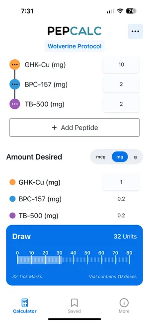 PepCalc mult-peptide calculation screen showing unit conversions
