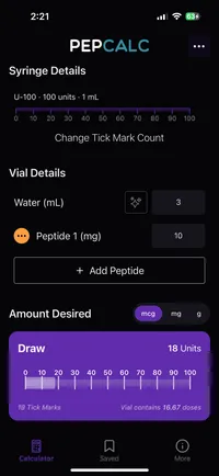 PepCalc peptide calculator screen showing vial details and dose inputs