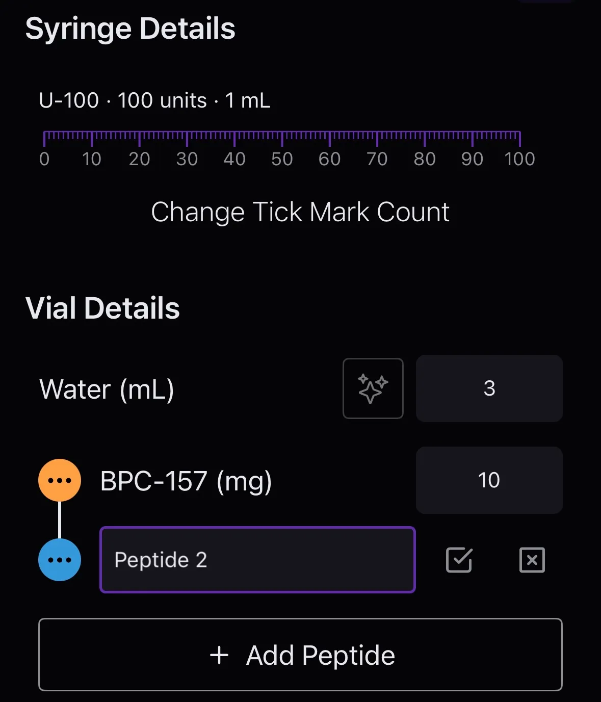 PepCalc syringe and vial details inputs