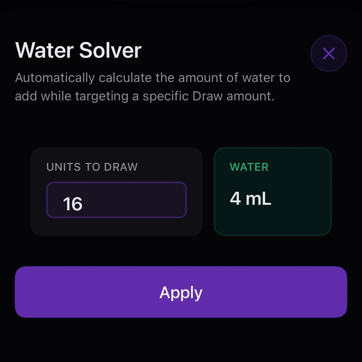 PepCalc Water Solver computing water to add for a target draw